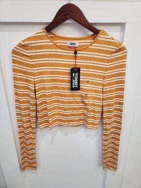 Tommy h Mustard & White Striped Long Sleeve Crop Top